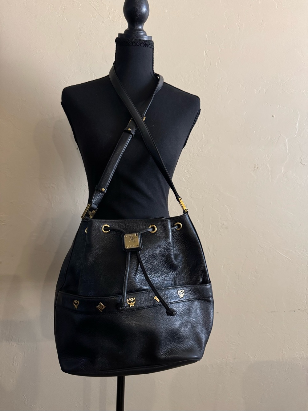 MCM Black Leather Drawstring Shoulder Bucket Bag with Gold Hardware